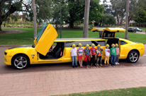 Limo Party Perth hire Bumblebee Camaro Stretch Transformer Limousine birthday Party.