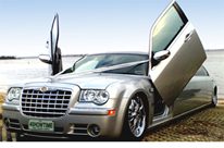 Silver wedding limo Perth Chrysler at Swan River Perth WA - Stretch Limousine on Boat Ramp